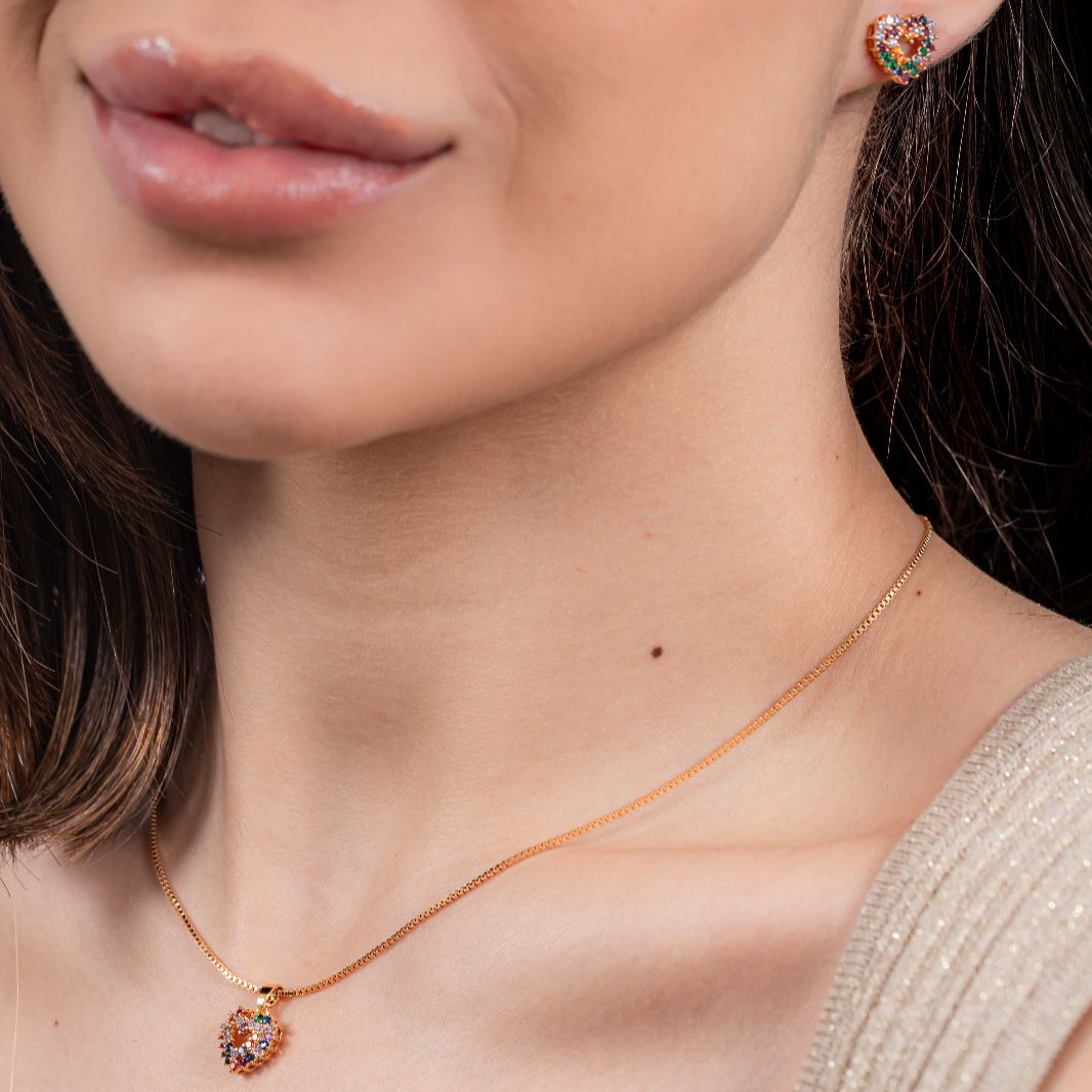 kit Colar e Brinco Coração Collor de Zircônia Mileny Banho de Ouro 18k