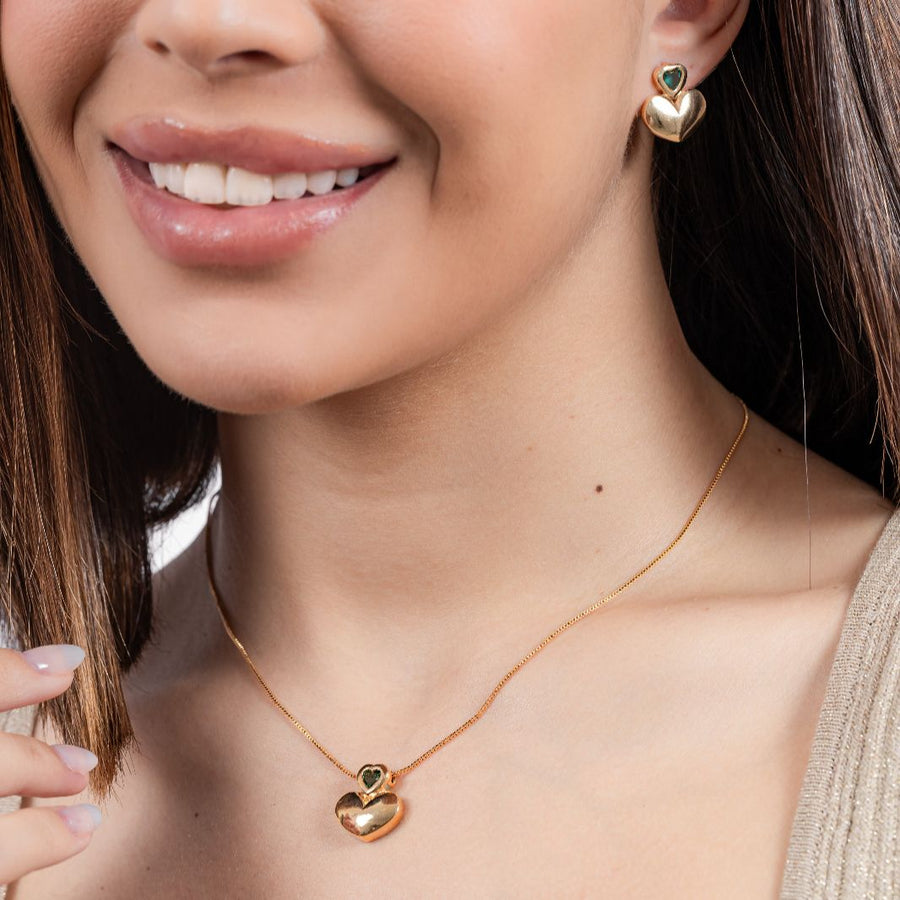 kit Colar e Brinco Coração Liso com Detalhe em Zircônia Turmalina Navy Banho de Ouro 18k
