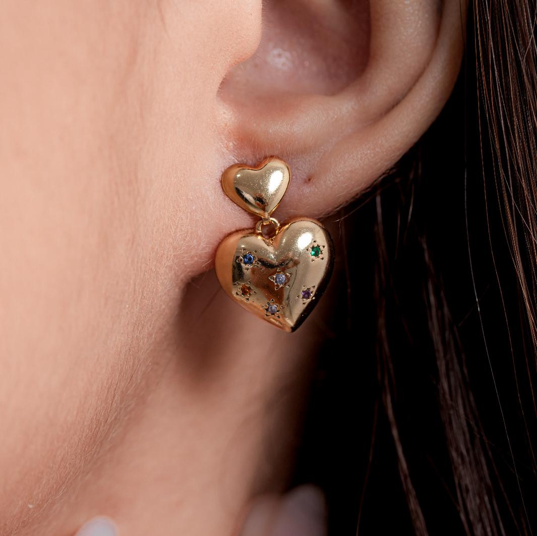 kit Colar e Brinco de Coração com Detalhes em Zircônia Collor Banho de Ouro 18k