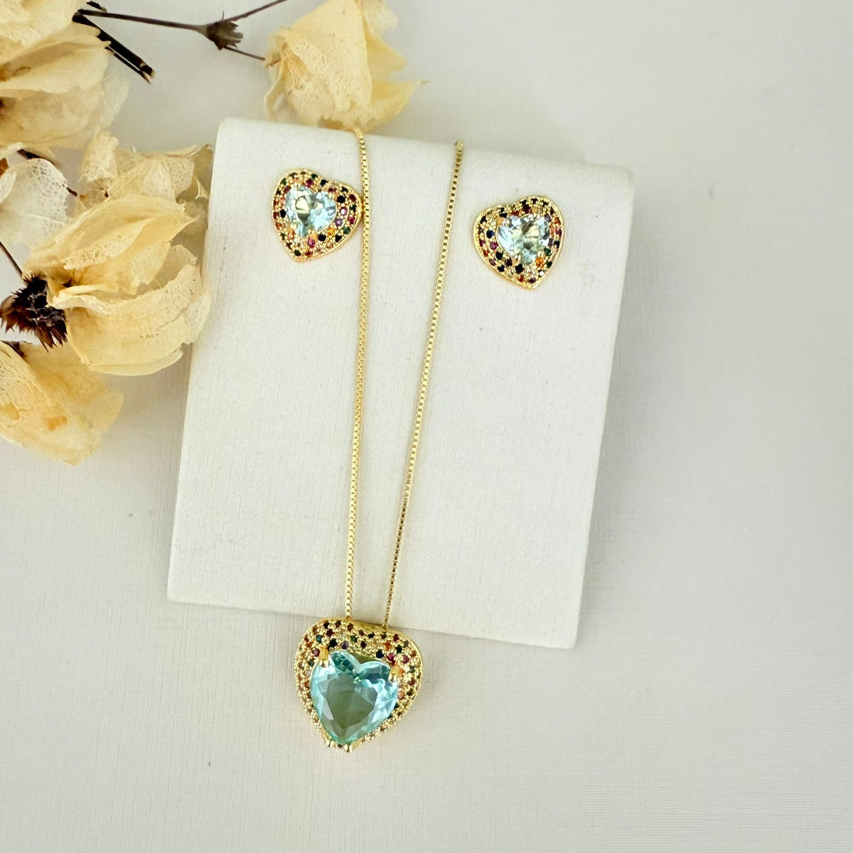 Kit Colar e Brinco de Coração Zircônia Azul - Love