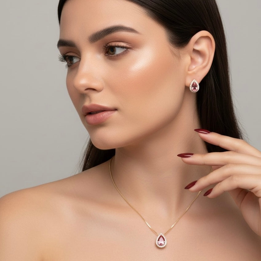 Kit Colar e Brinco de Gota Zircônia Rosa Cravejado