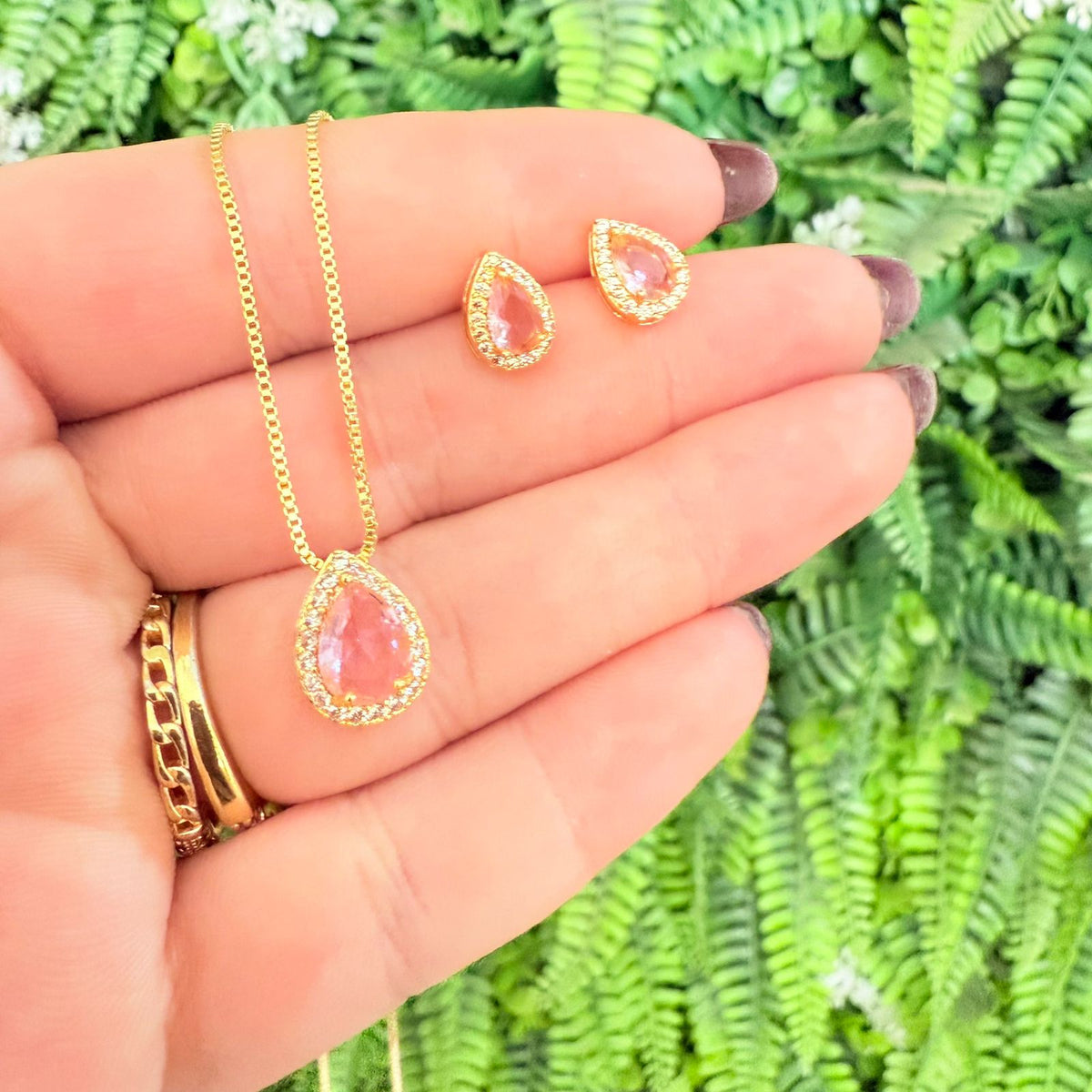 Kit Colar e Brinco de Gota Zircônia Rosa Cravejado