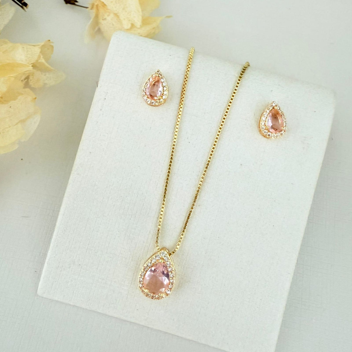 Kit Colar e Brinco de Gota Zircônia Rosa Cravejado