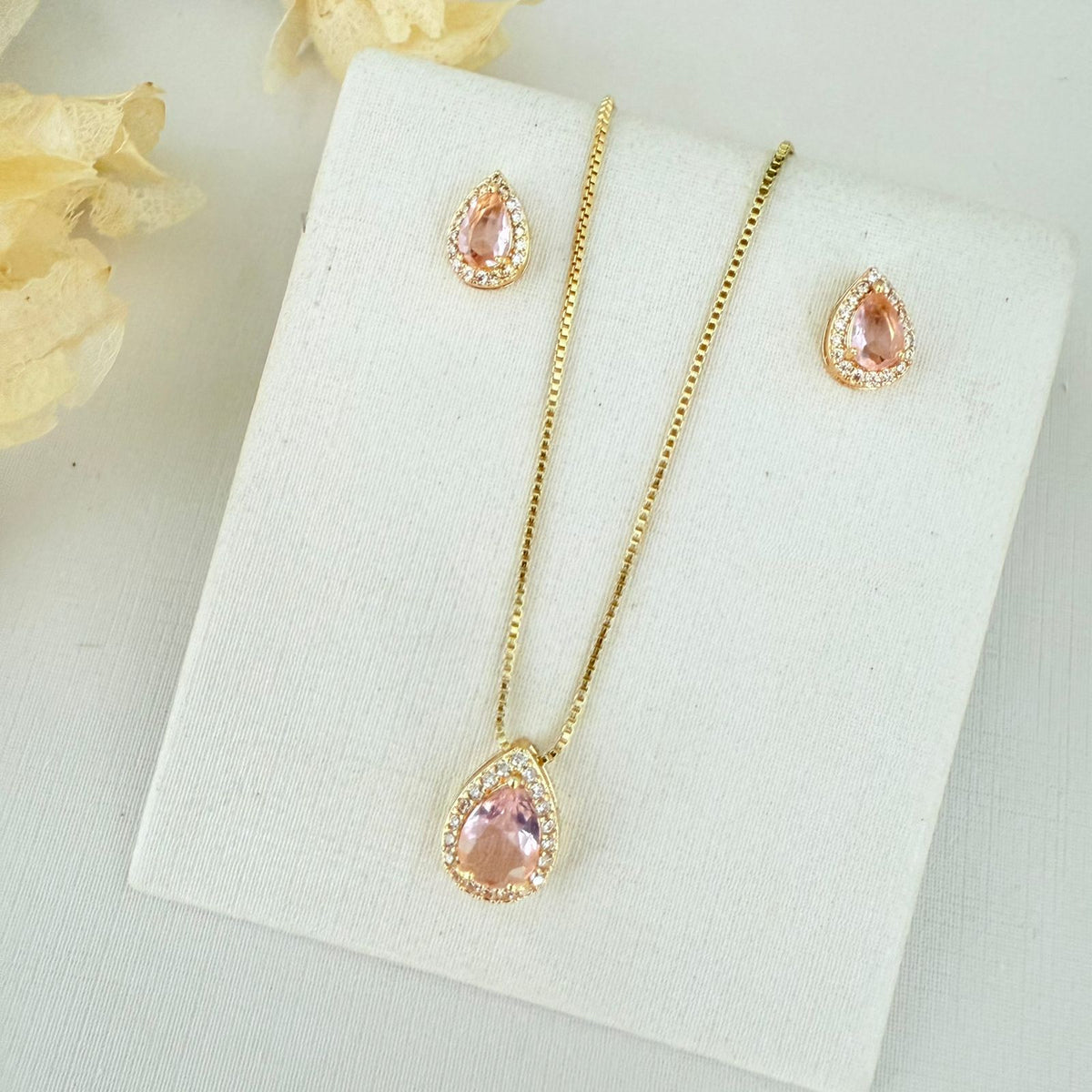 Kit Colar e Brinco de Gota Zircônia Rosa Cravejado