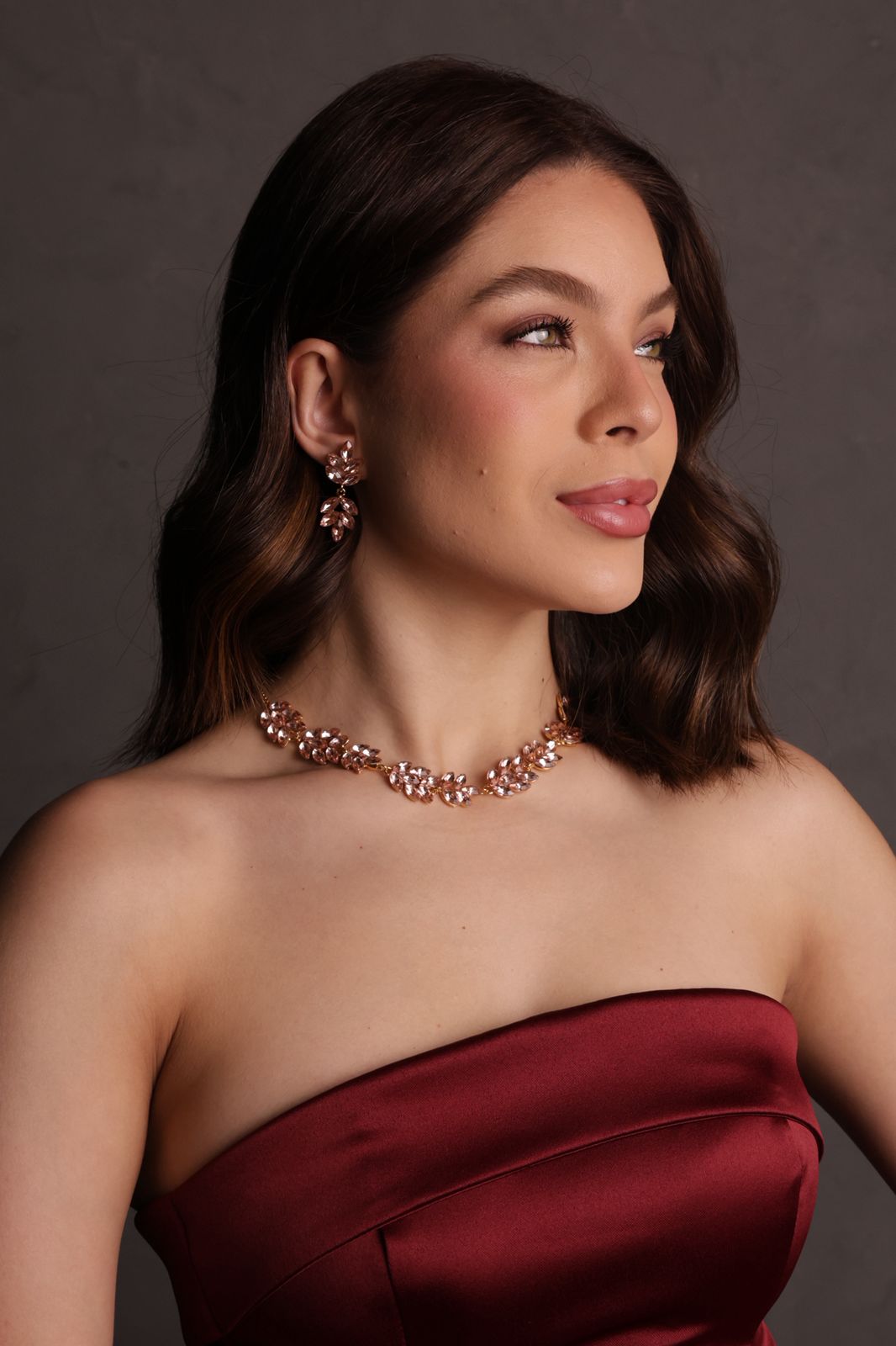 Kit Colar e Brinco em Pedraria Nude Rosé Dominique