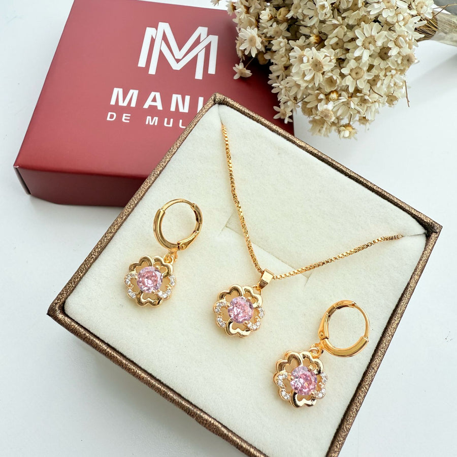 Kit Colar e Brinco Flor Rosa de Zircônia
