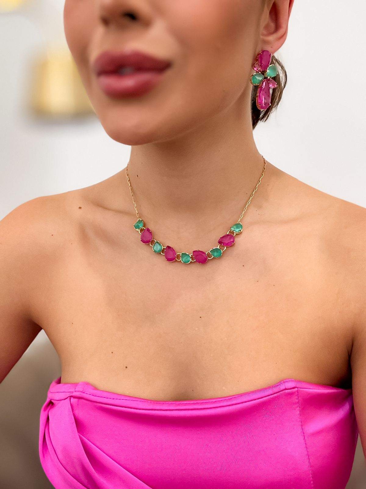 Kit Colar e Brinco Fuscia com Turmalina Sinam Drop
