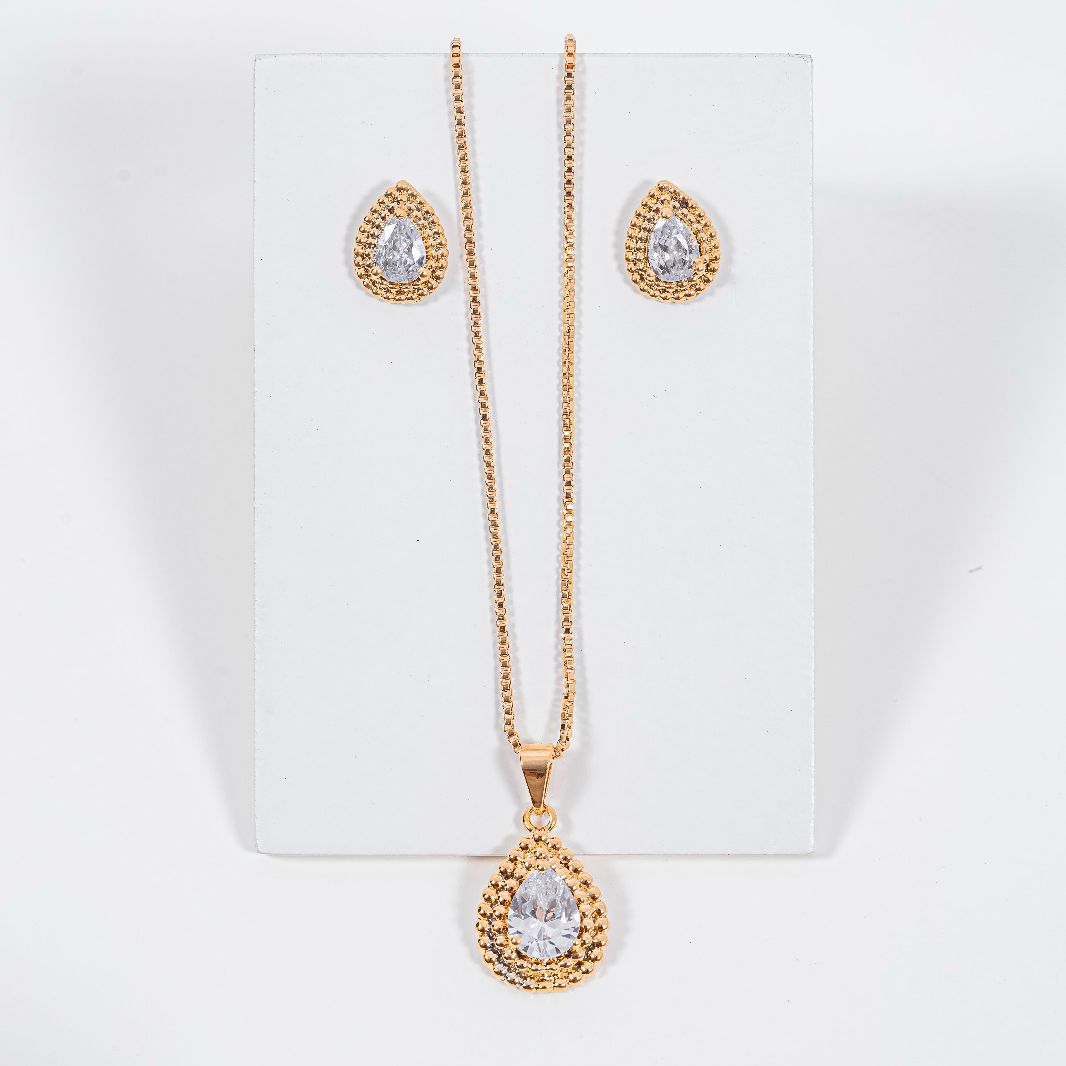 kit Colar e Brinco Gota de Zircônia Cristal Chuvys Banho de Ouro 18k