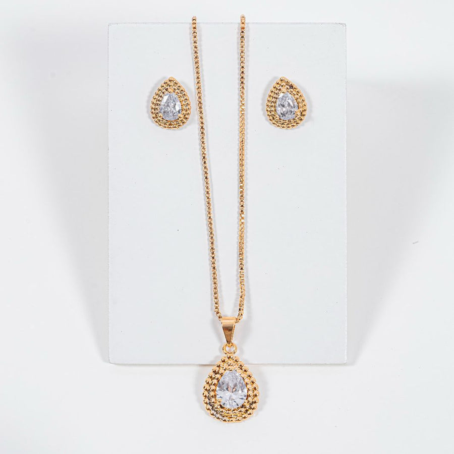 kit Colar e Brinco Gota de Zircônia Cristal Chuvys Banho de Ouro 18k