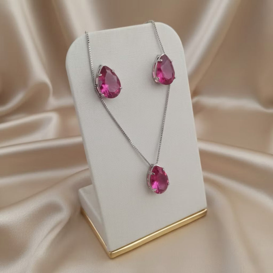 Kit Colar e Brinco Gota Fúcsia de Zircônia Prata