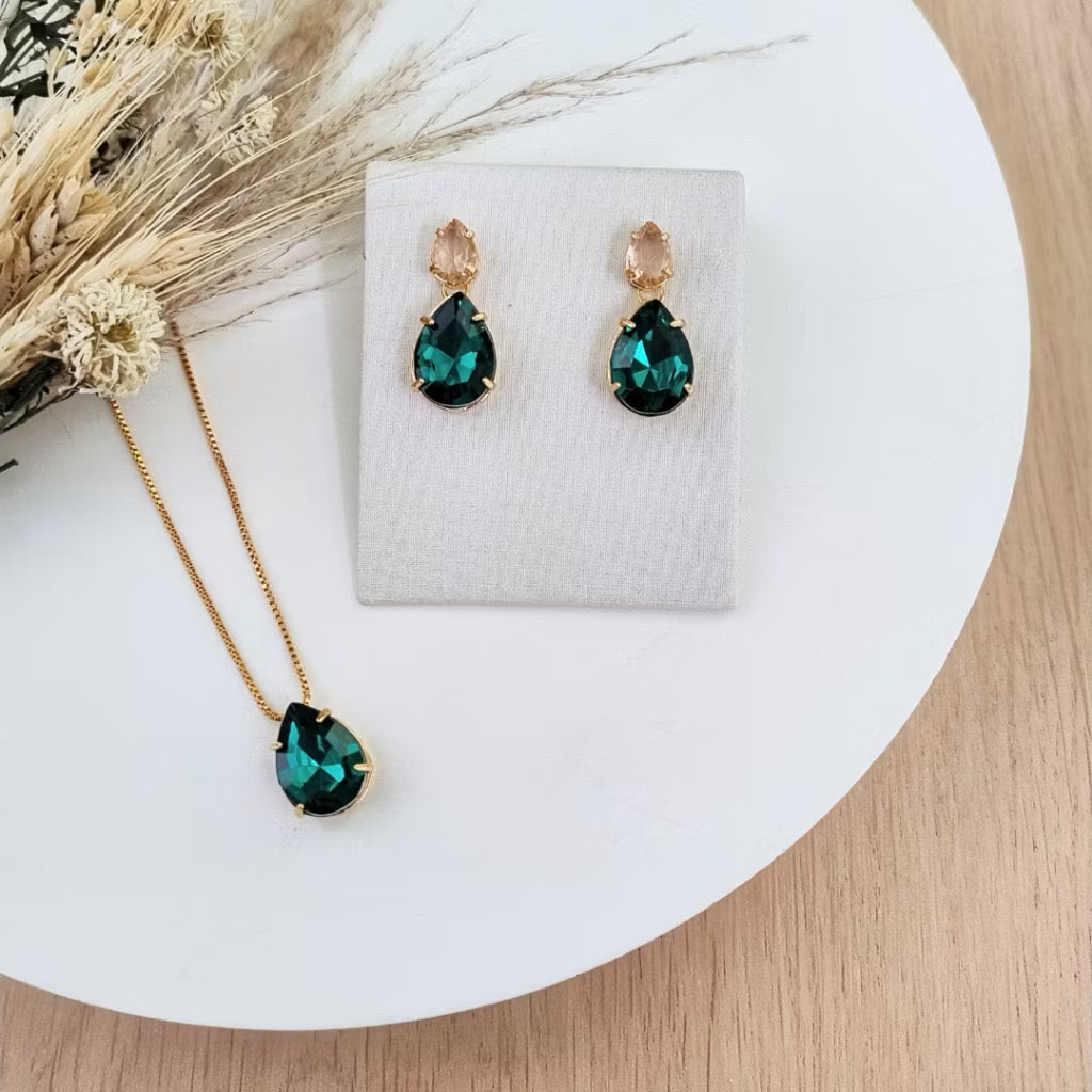 kit Colar e Brinco Lanna Nude com Verde Dourado