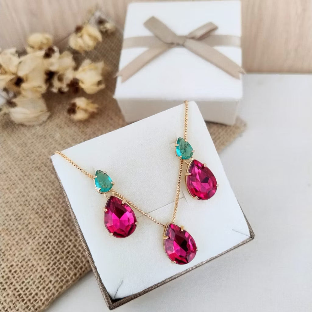 Kit Colar e Brinco Lanna Pink com Verde