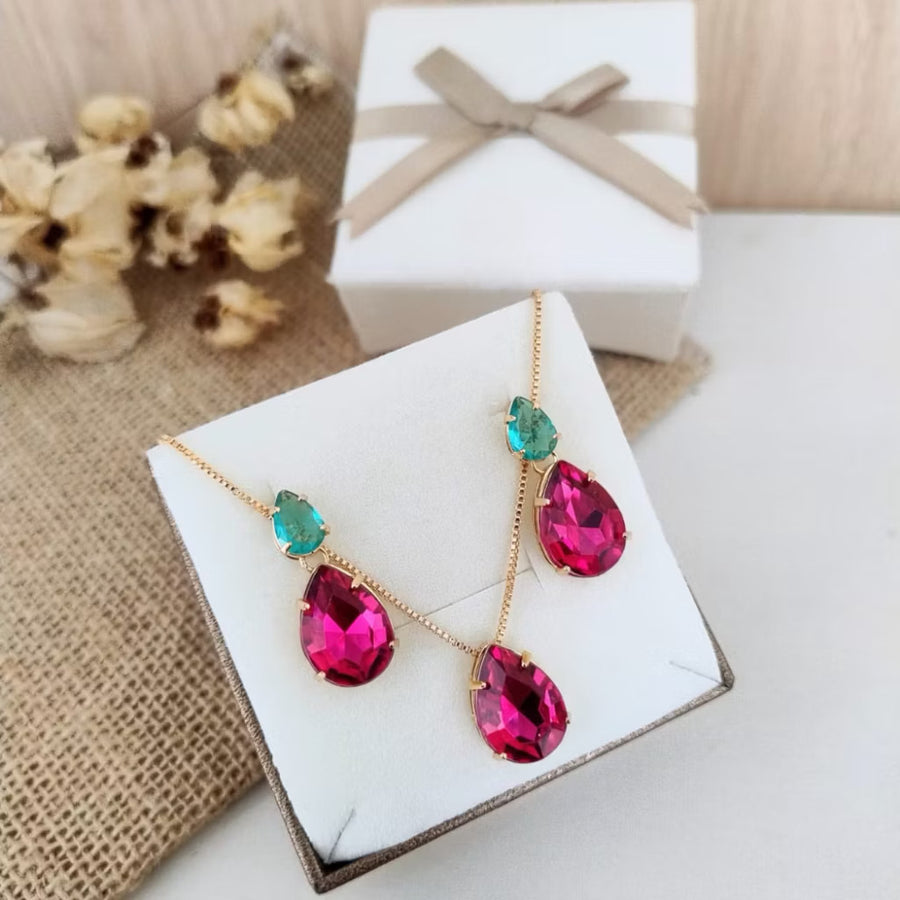 Kit Colar e Brinco Lanna Pink com Verde