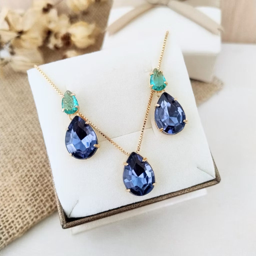 Kit Colar e Brinco Lanna Turmalina com Azul Safira Dourado