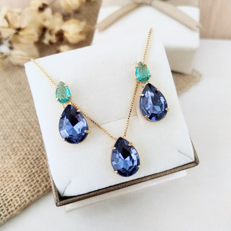 Kit Colar e Brinco Lanna Turmalina com Azul Safira Dourado
