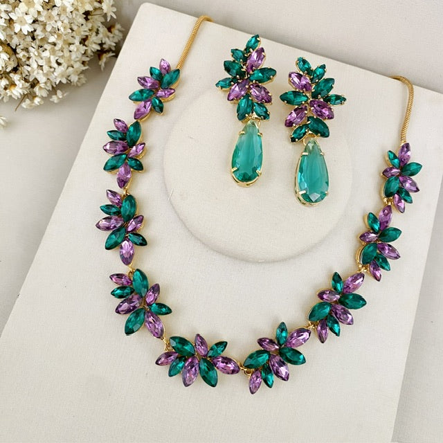 KIt Colar e Brinco LonDanny Verde com Roxo Dourado