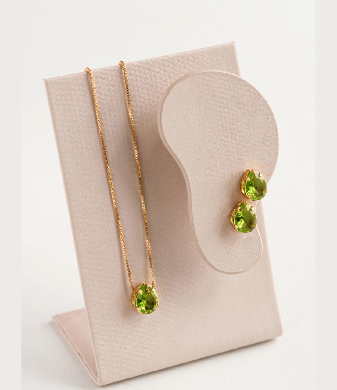 Kit Colar e Brinco Mini Gota de Zircônia Verde Oliva Banho Dourado