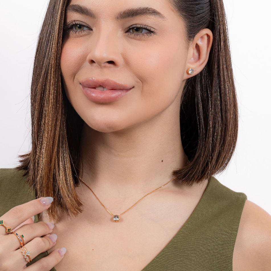 kit Colar e Brinco Ponto de Luz Cristal de Zircônia Banho de Ouro 18k