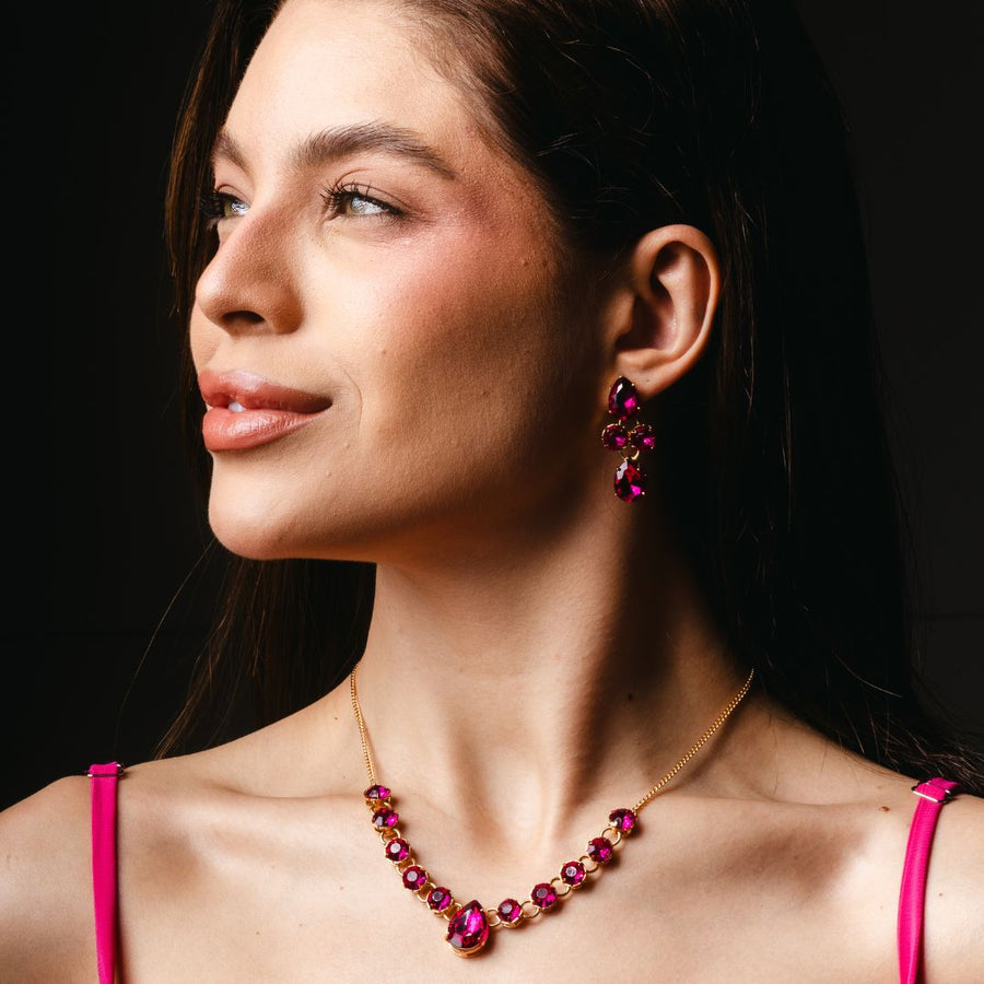 Kit Colar e Brinco Princess Rosa Pink Banho de Ouro