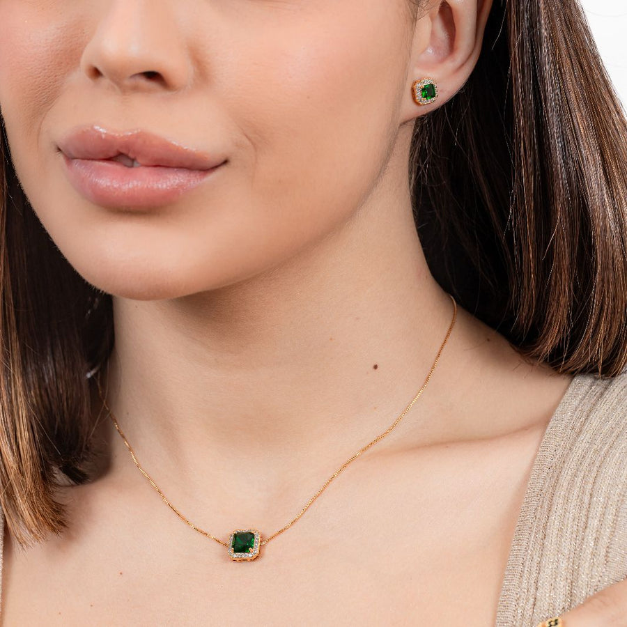kit Colar e Brinco Quadrado Esmeralda de Zircônia Banho de Ouro 18k