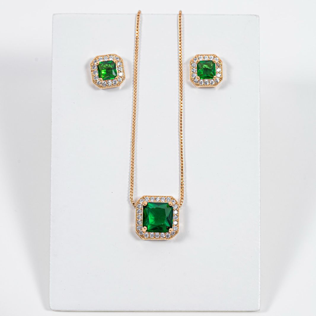 kit Colar e Brinco Quadrado Esmeralda de Zircônia Banho de Ouro 18k