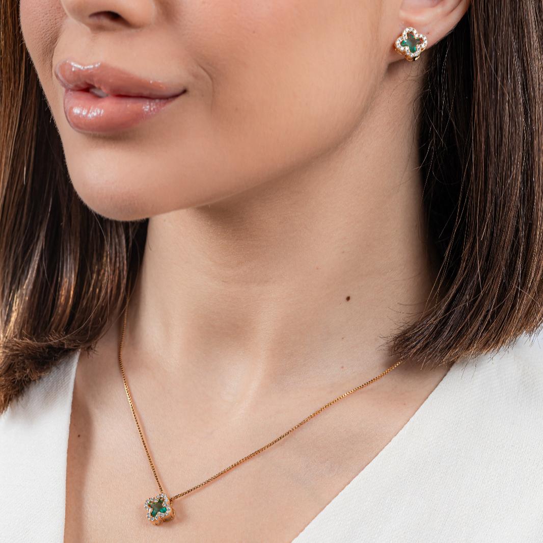 kit Colar e Brinco Trevo de Zircônia Turmalina Banhado a Ouro 18k