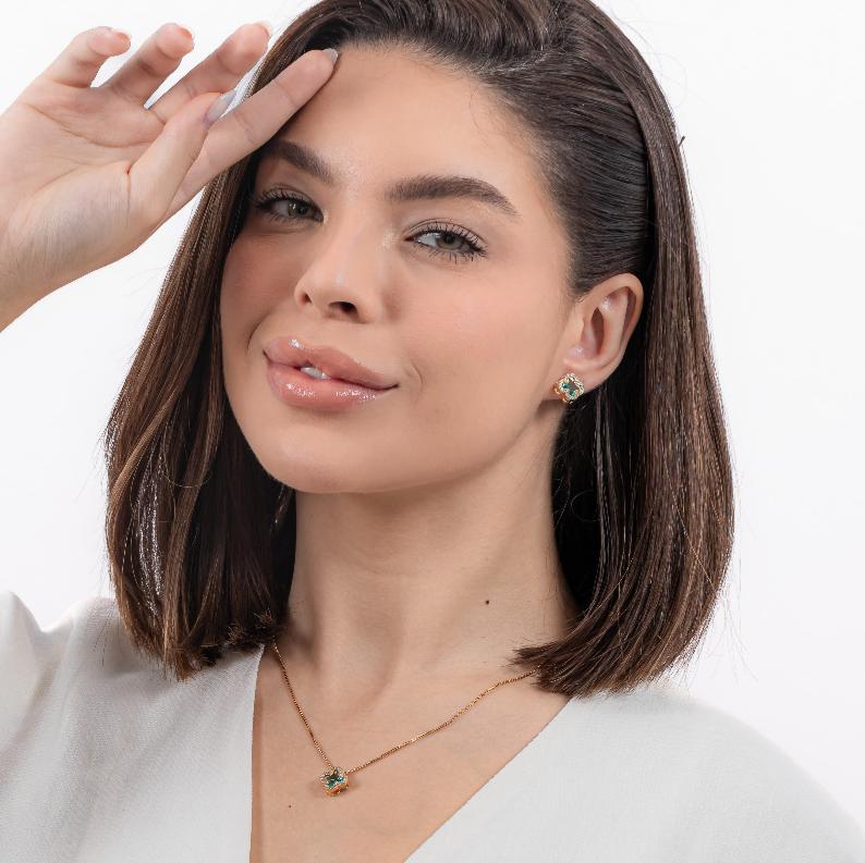 kit Colar e Brinco Trevo de Zircônia Turmalina Banhado a Ouro 18k