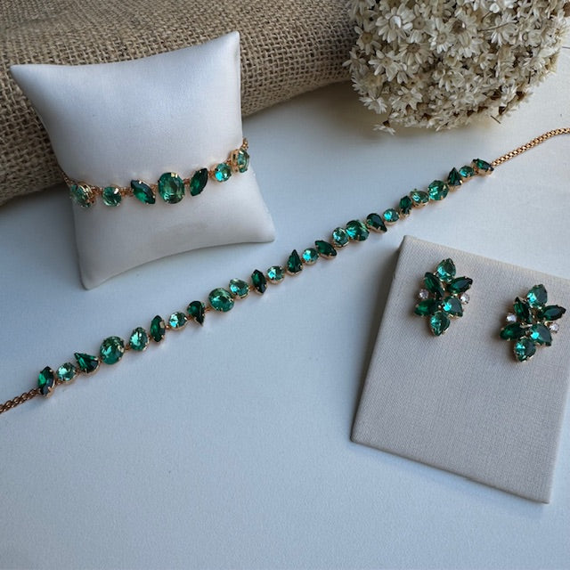 Kit Colar, Pulseira e Brinco Blair Tons de Verde Banho Dourado