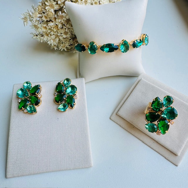 Kit de 3 peças em Zircônia Esmeralda com Turmalina Jade