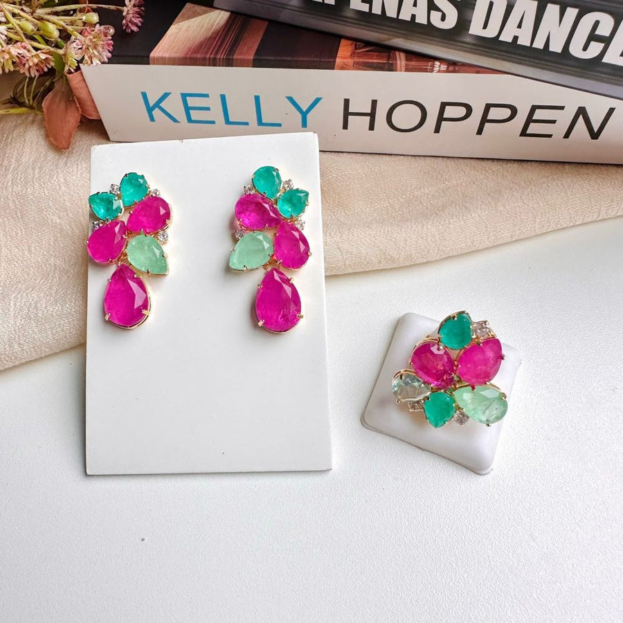Kit de Anel + Brinco de Zircônia Pietra Verde Menta com Rosa Fucsia