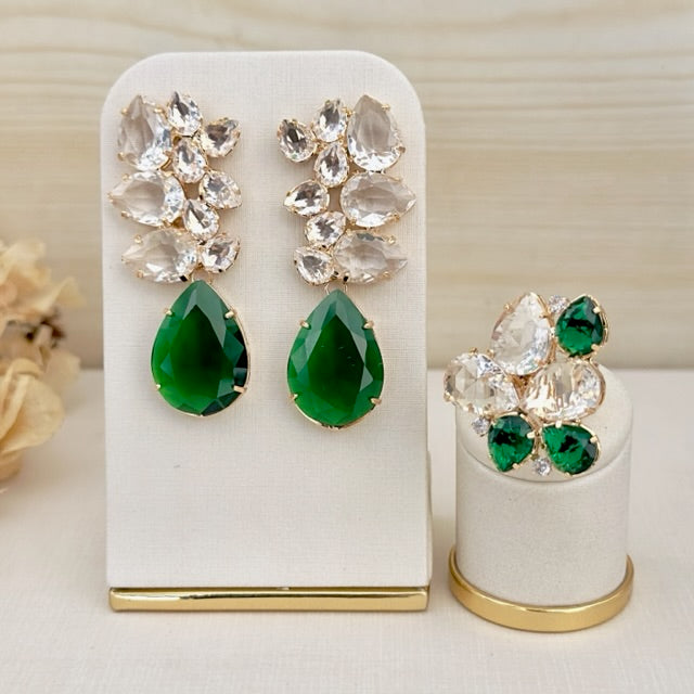Kit de Anel com Brinco de Zircônia Vivian - Verde com Cristal