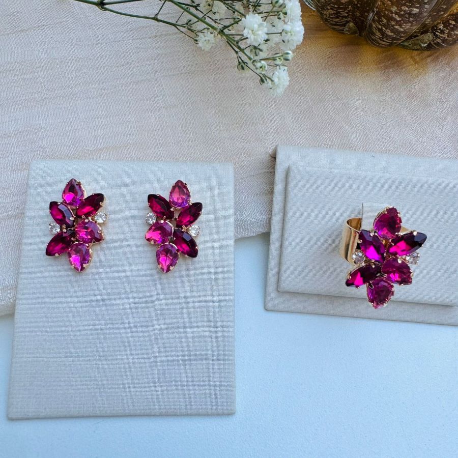 Kit Anel Regulável e Brinco Pedraria Rosa Pink com Fúcsia Cristiane