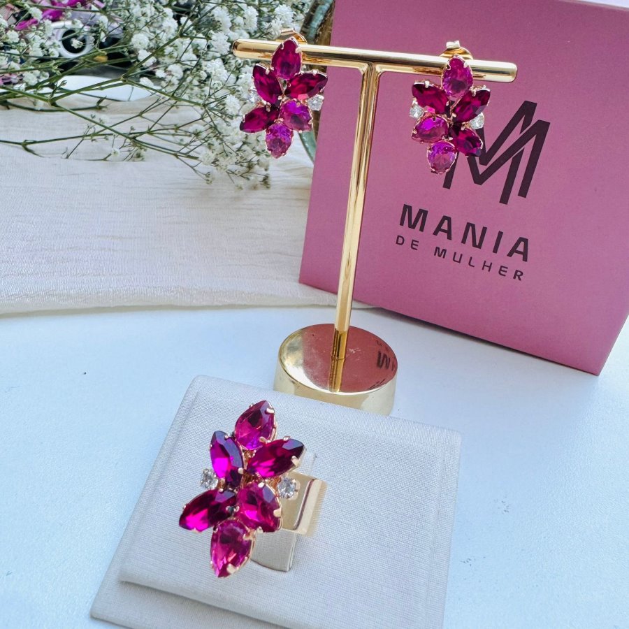 Kit Anel Regulável e Brinco Pedraria Rosa Pink com Fúcsia Cristiane