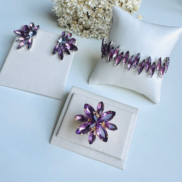 Kit de Bracelete, Anel Regulável e Brinco Roxo Ariel
