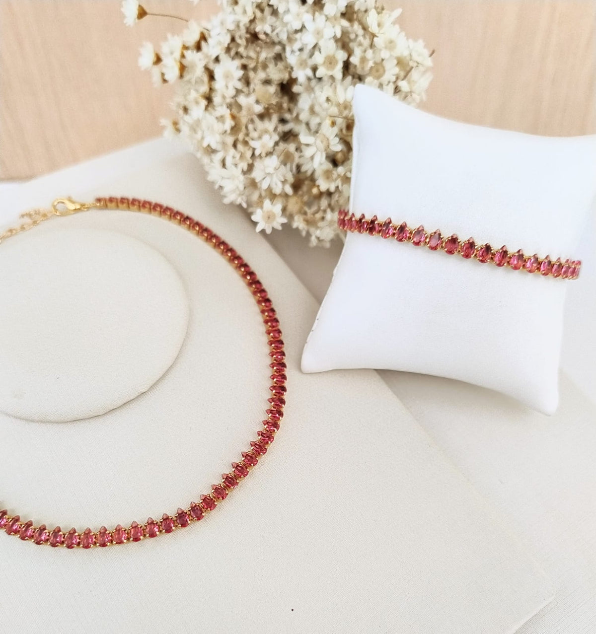 Kit de Riviera e Pulseira Navete Pink com Fúcsia