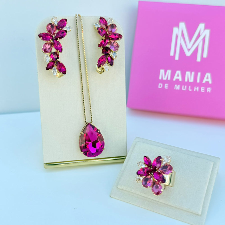 Kit Ear Curf Colar e Anel Regulável Lidy Pink