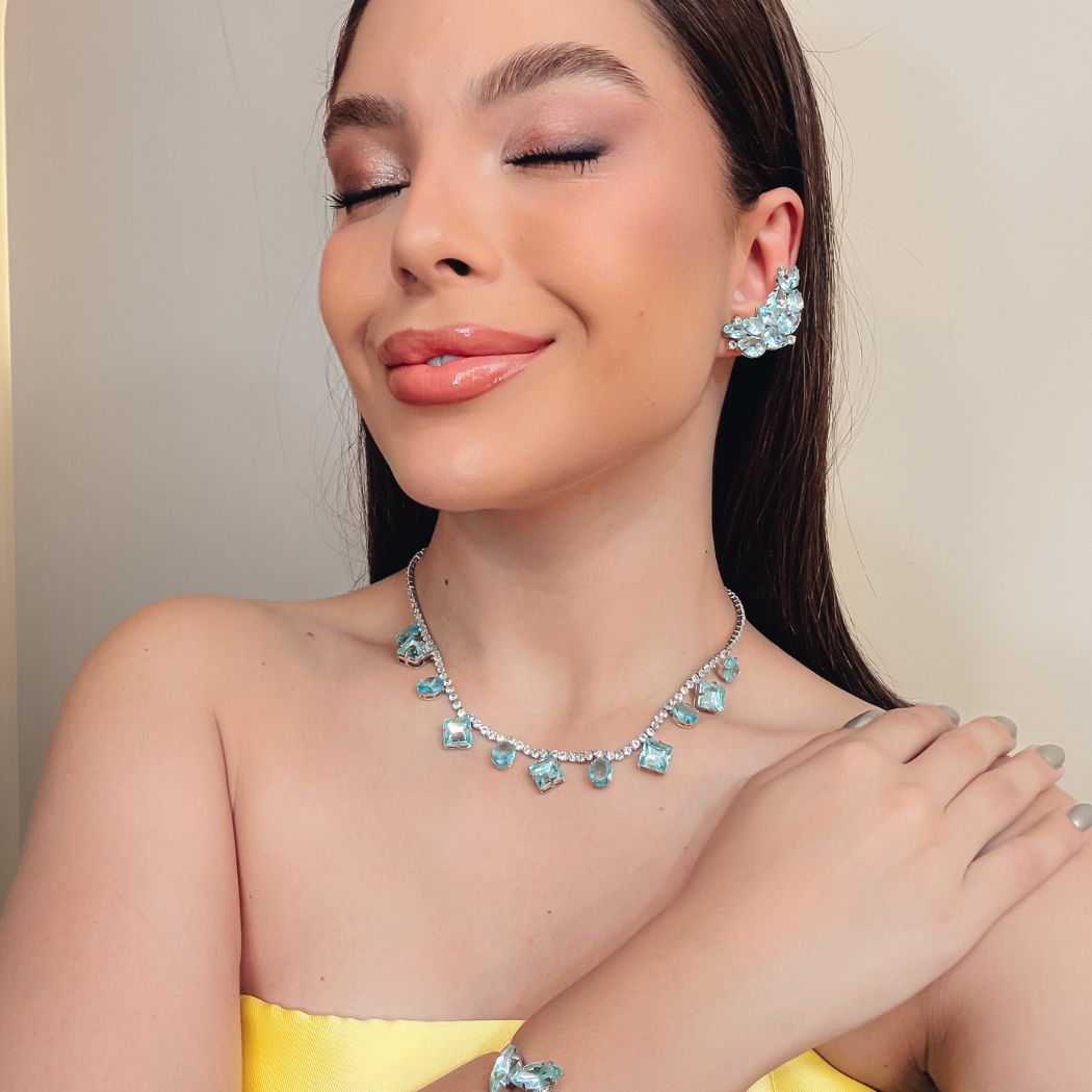 Kit Ear Curf Colar e Bracelete Celine Em Zircônia Azul Banho Prata