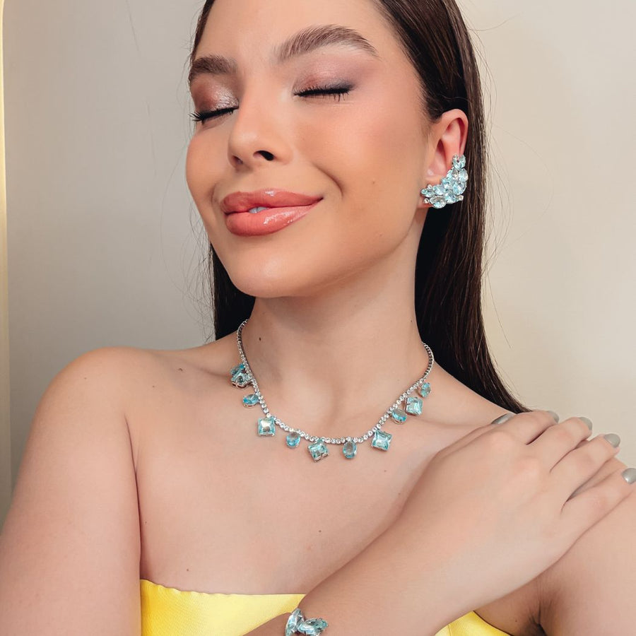 Kit Ear Curf Colar e Bracelete Celine Em Zircônia Azul Banho Prata