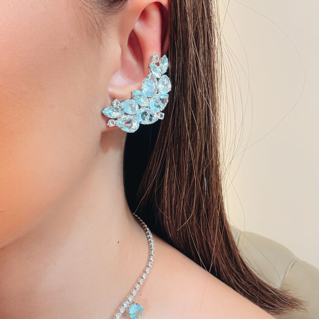 Kit Ear Curf Colar e Bracelete Celine Em Zircônia Azul Banho Prata