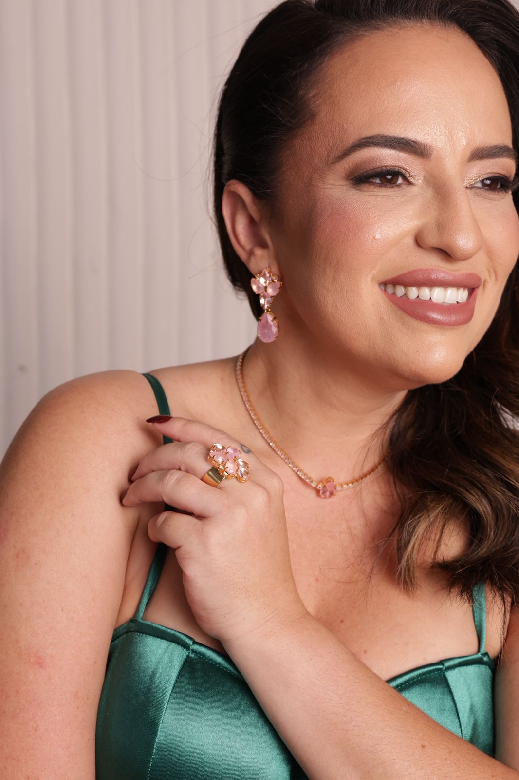 Kit Gargantilha, Brinco e Anel Regulável de Zircônia Ana Liz - Rosa Dourado