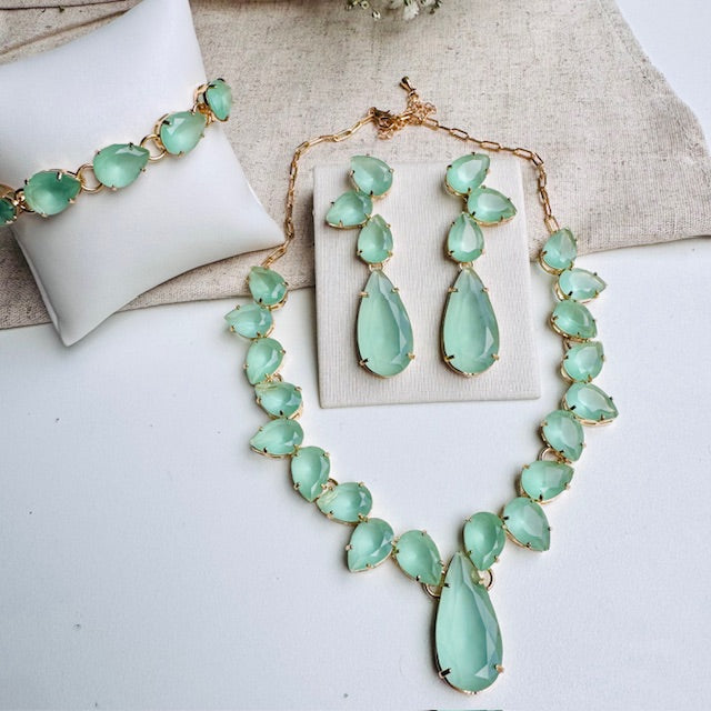 KIT PULSEIRA, COLAR E BRINCO DE PEDRARIA EM ZIRCÔNIA menta ALICE