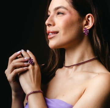 Kit Rivieira, Pulseira, Anel e Brinco de Zircônia Fúcsia Valentina Banho:Dourado