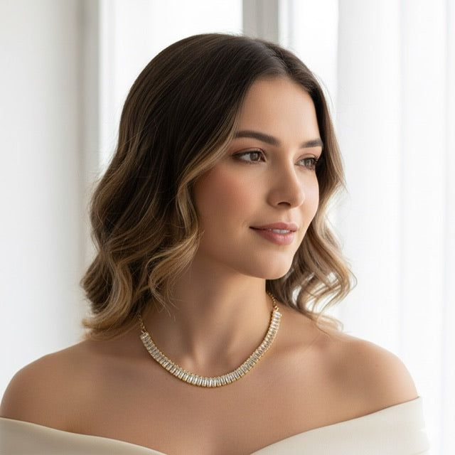 Meia Choker de Zircônia Rafas Cristal Dourada