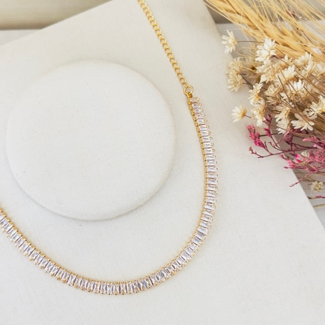 Meia Choker de Zircônia Rafas Cristal Dourada