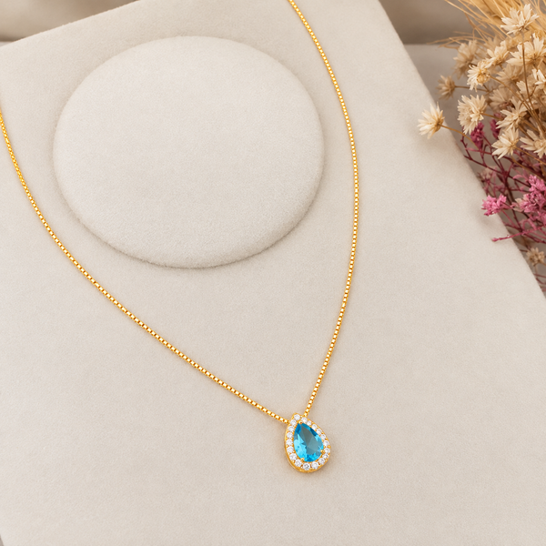 Colar Gota Azul Serenity Cravejada com Zircônia Dourado