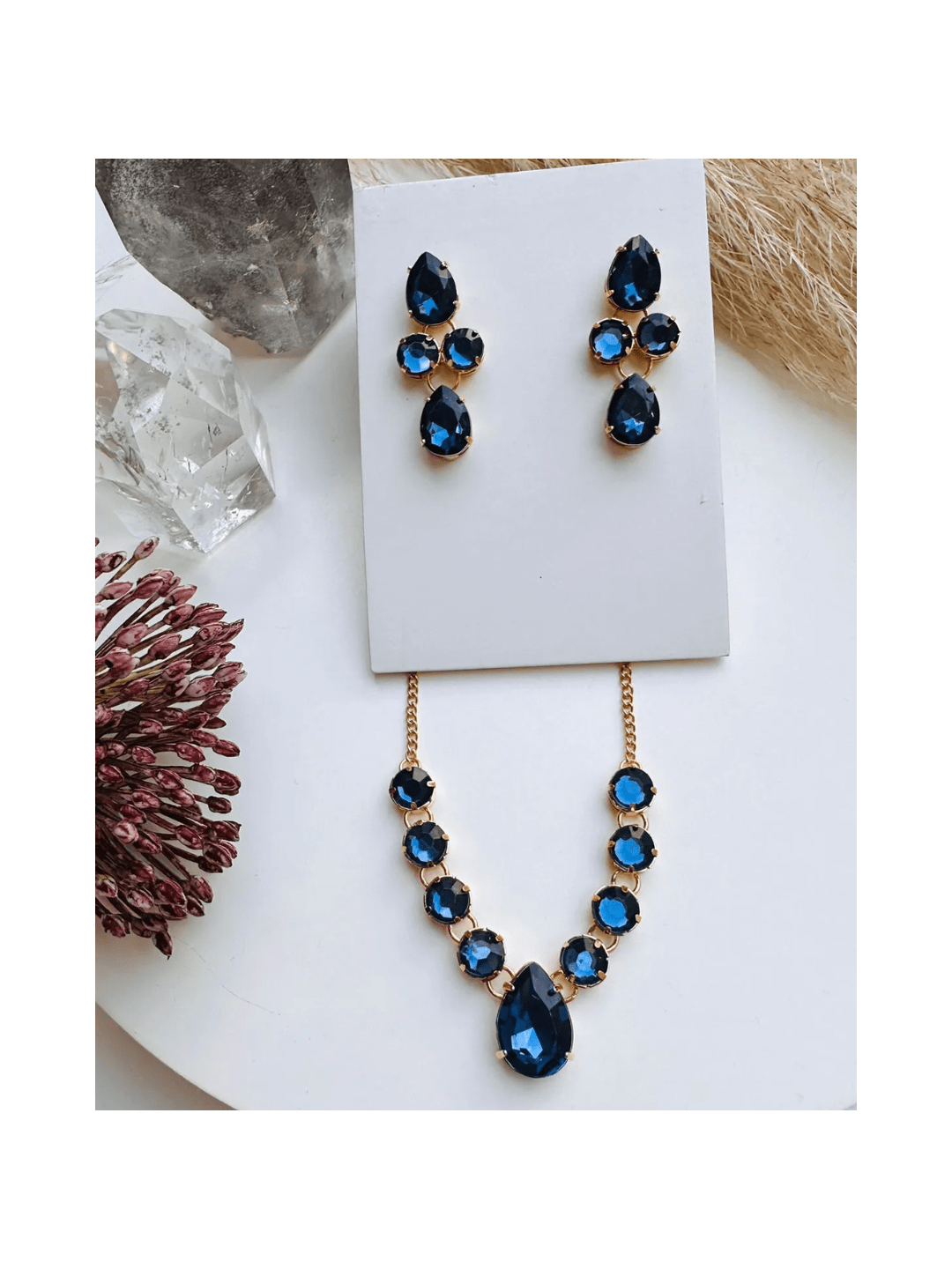 Kit Colar + Brinco de Pedraria Princess Cor:Azul Marinho