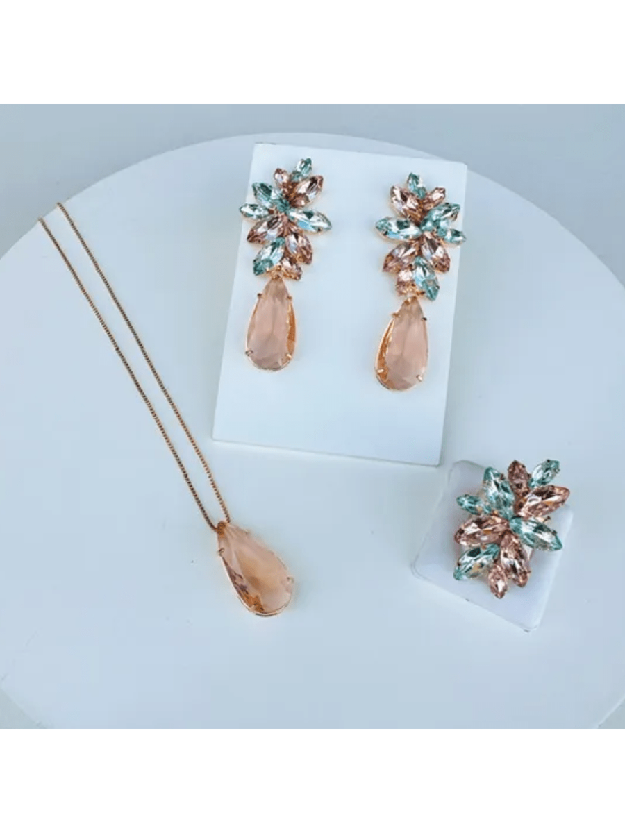 KIT CLUTCH, ANEL, BRINCO E COLAR NUDE COM AZUL Cor:Multicolorido