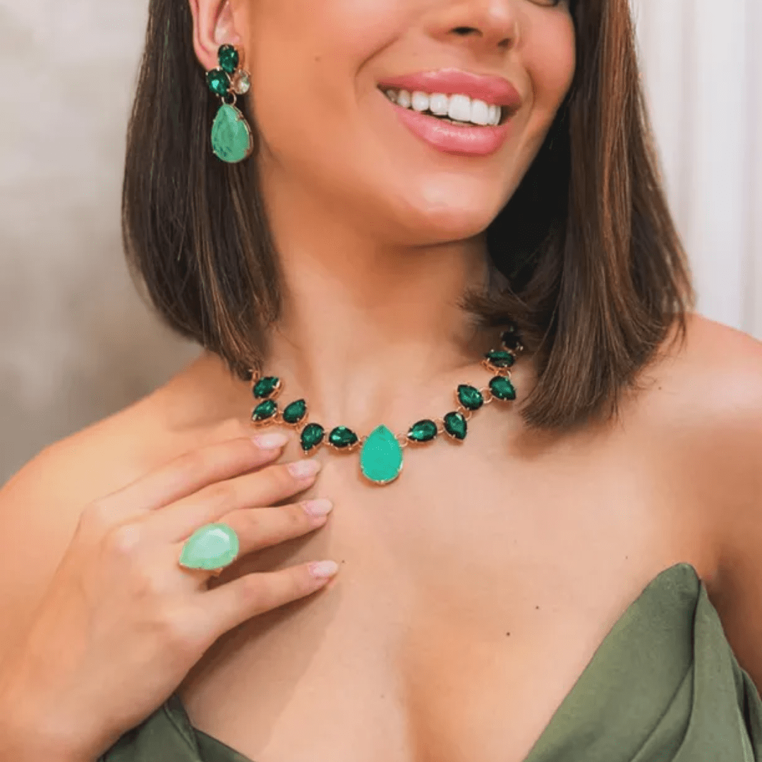 KIT BRINCO, ANEL E COLAR VERDE DE ZIRCÔNIA CAMPOS Cor:Verde