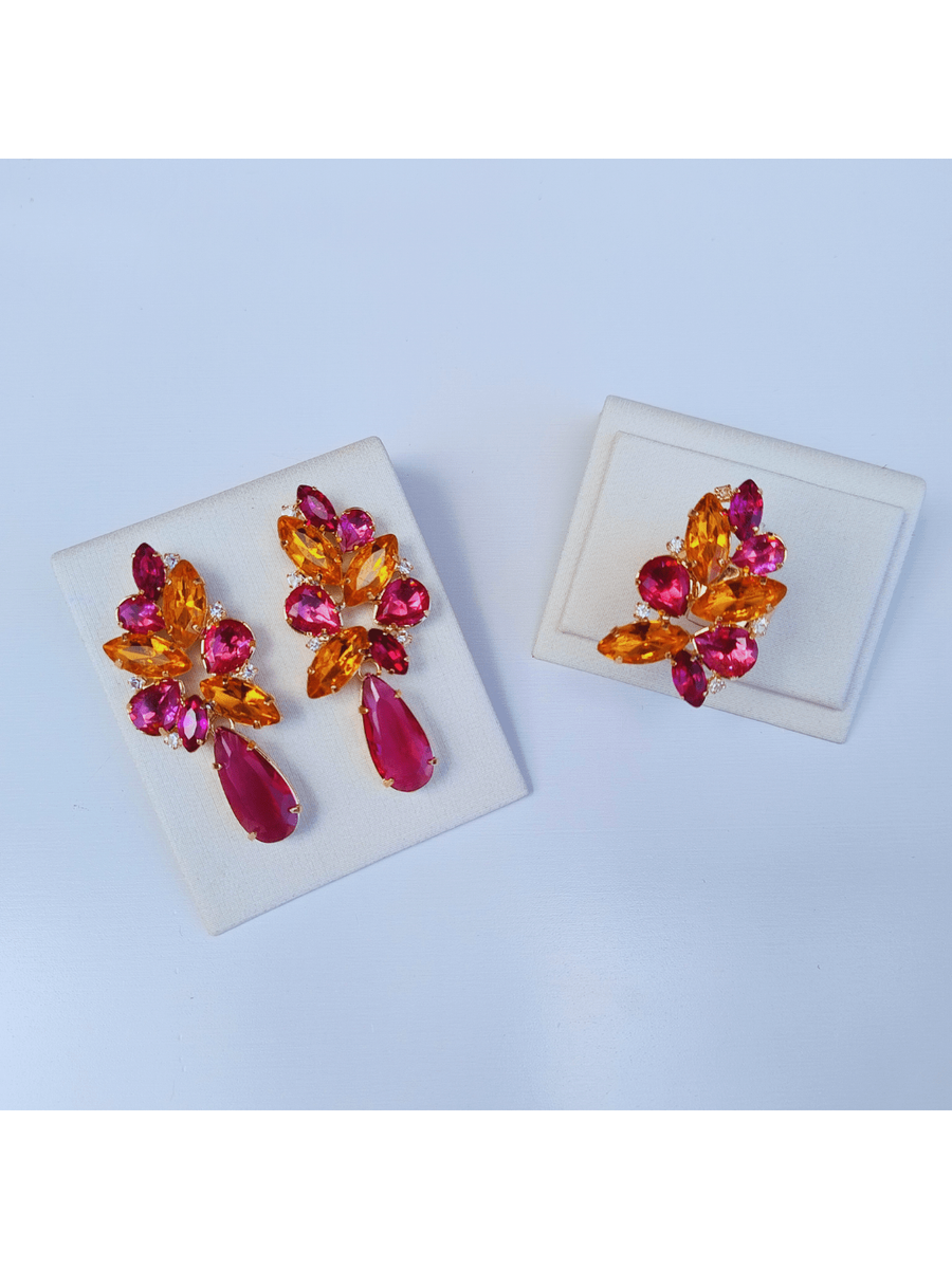 KIT ANEL REGULÁVEL COM BRINCO JOSY CORAL COM FUSCIA (banhodourado) Cor:CORAL/FUCSIA