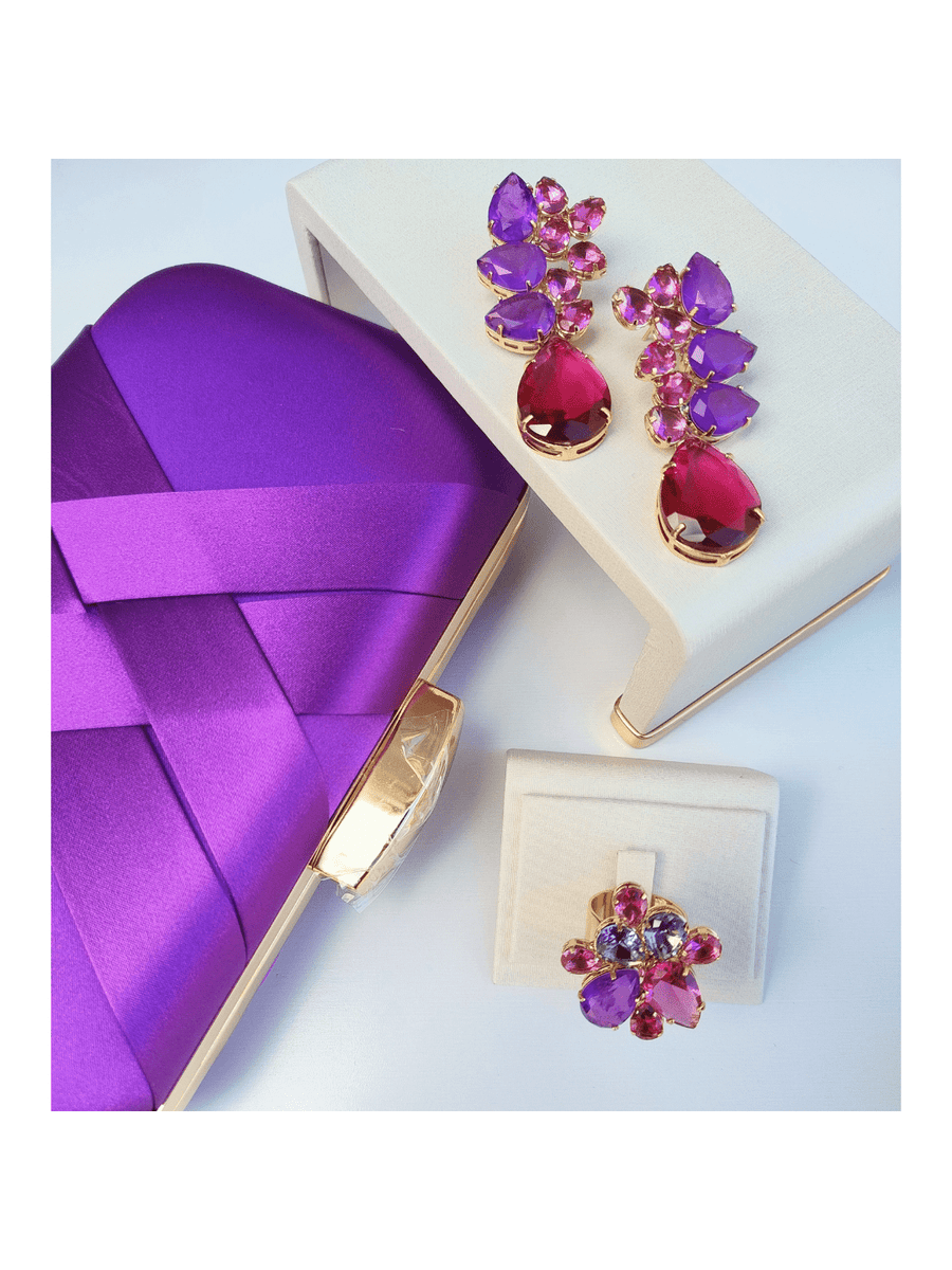 KIT CLUTCH ANEL COM BRINCO DE ZIRCÔNIA VIVIAN - TONS DE ROXO Cor:TONS DE ROXO